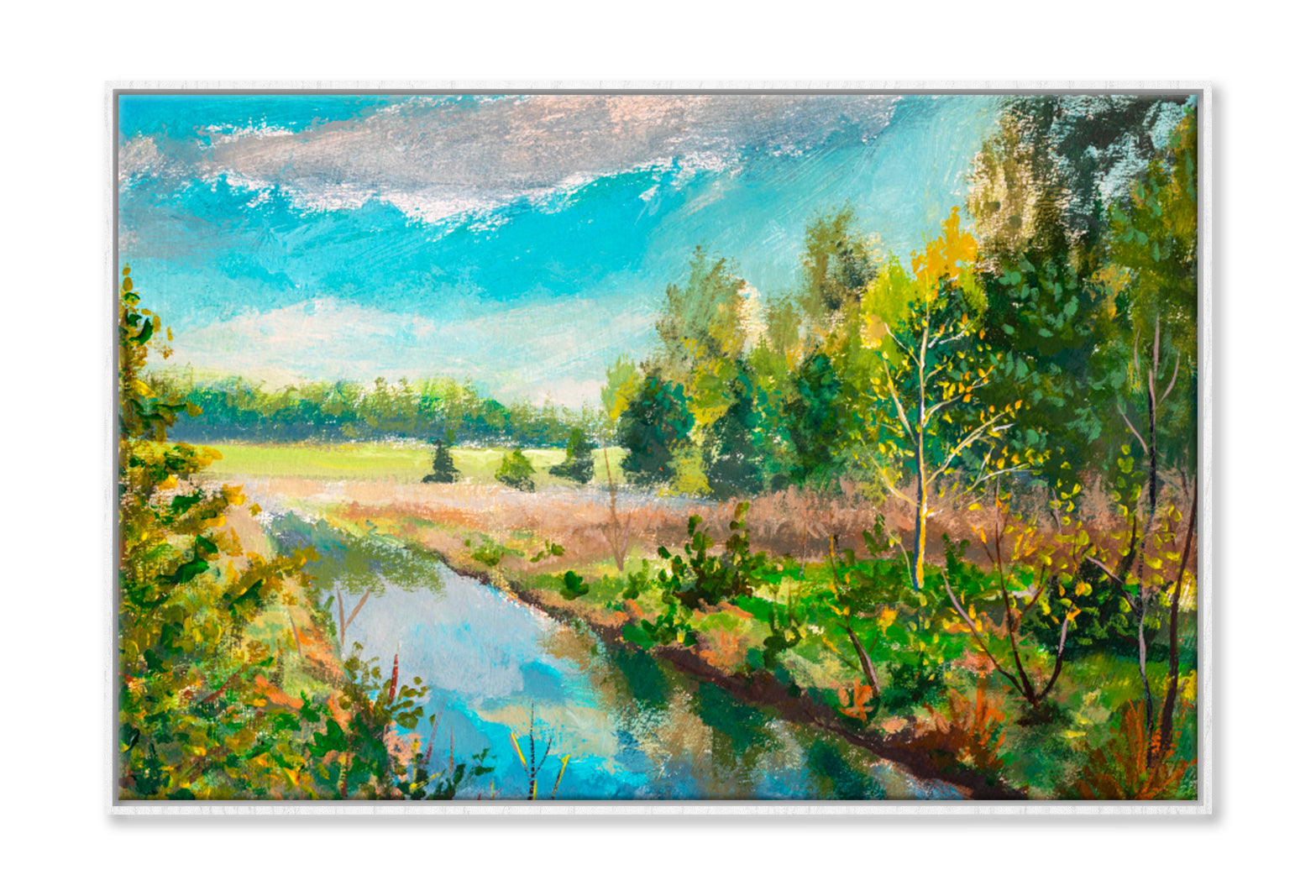 Green Trees & Bushes, Lake Stream River Oil Painting Wall Art Limited Edition High Quality Print Canvas Box Framed White