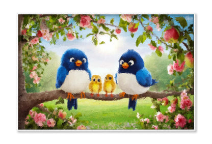 Cute Blue Birds and Chicks on Apple Tree Branches with Pink Flowers Wall Art Limited Edition High Quality Print