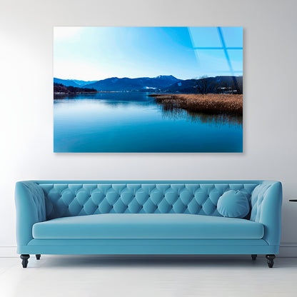 A Lake with a Blue Sky Overhead With Mountains Acrylic Glass Print Tempered Glass Wall Art 100% Made in Australia Ready to Hang