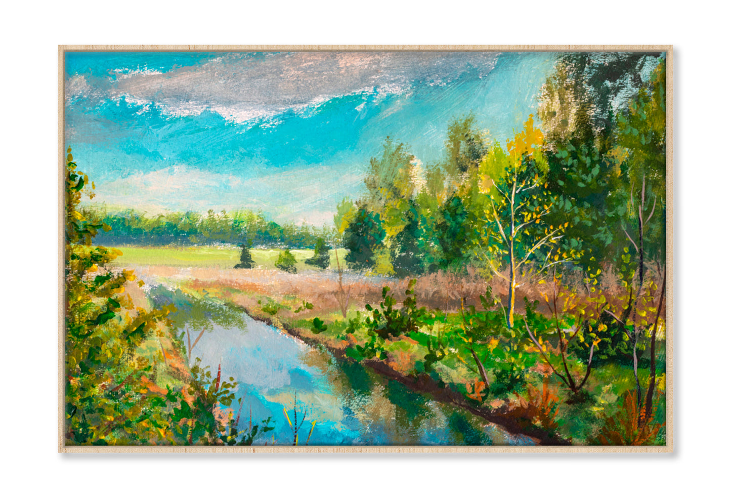 Green Trees & Bushes, Lake Stream River Oil Painting Wall Art Limited Edition High Quality Print Canvas Box Framed Natural