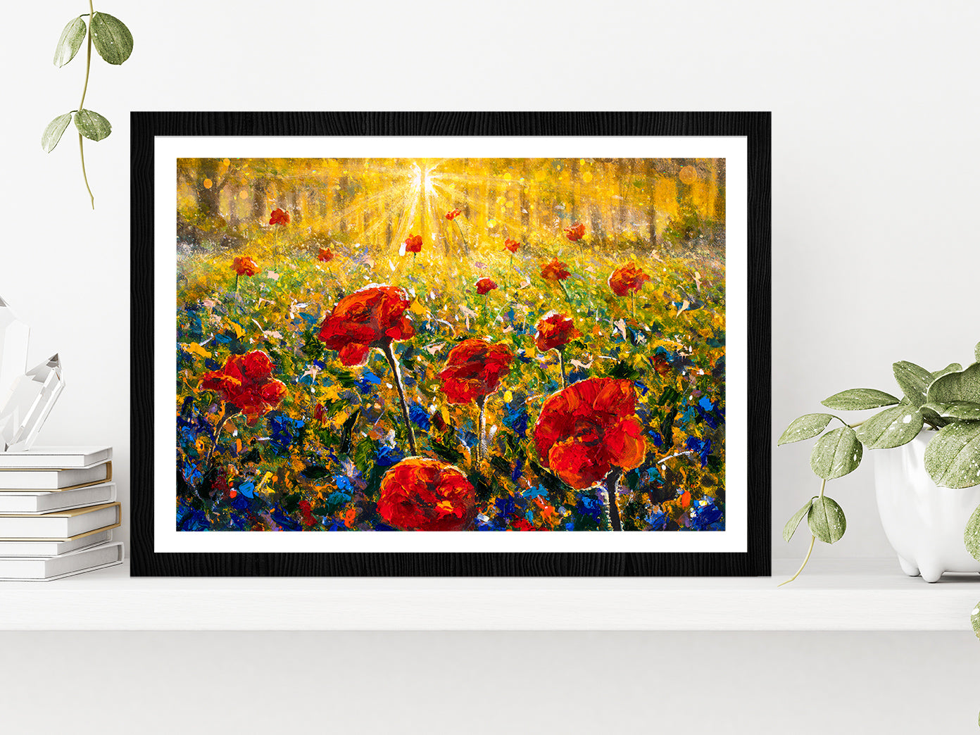 Red Poppies Field, Sun Rays Sunny Flower Field Glass Framed Wall Art, Ready to Hang Quality Print With White Border Black