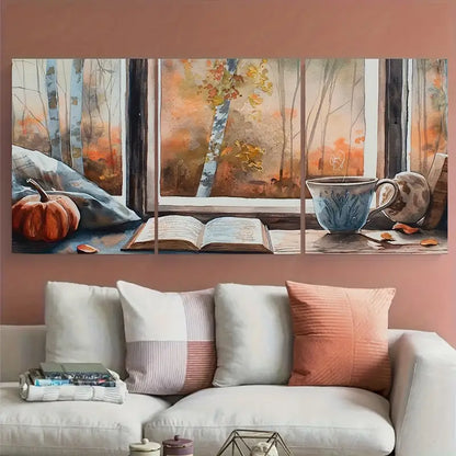 3pcs Warm Drink & Books on Window Metal Print Ready to Hang Art