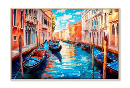 Boats With City Of Venice Paint Limited Edition High Quality Print Canvas Box Framed Natural