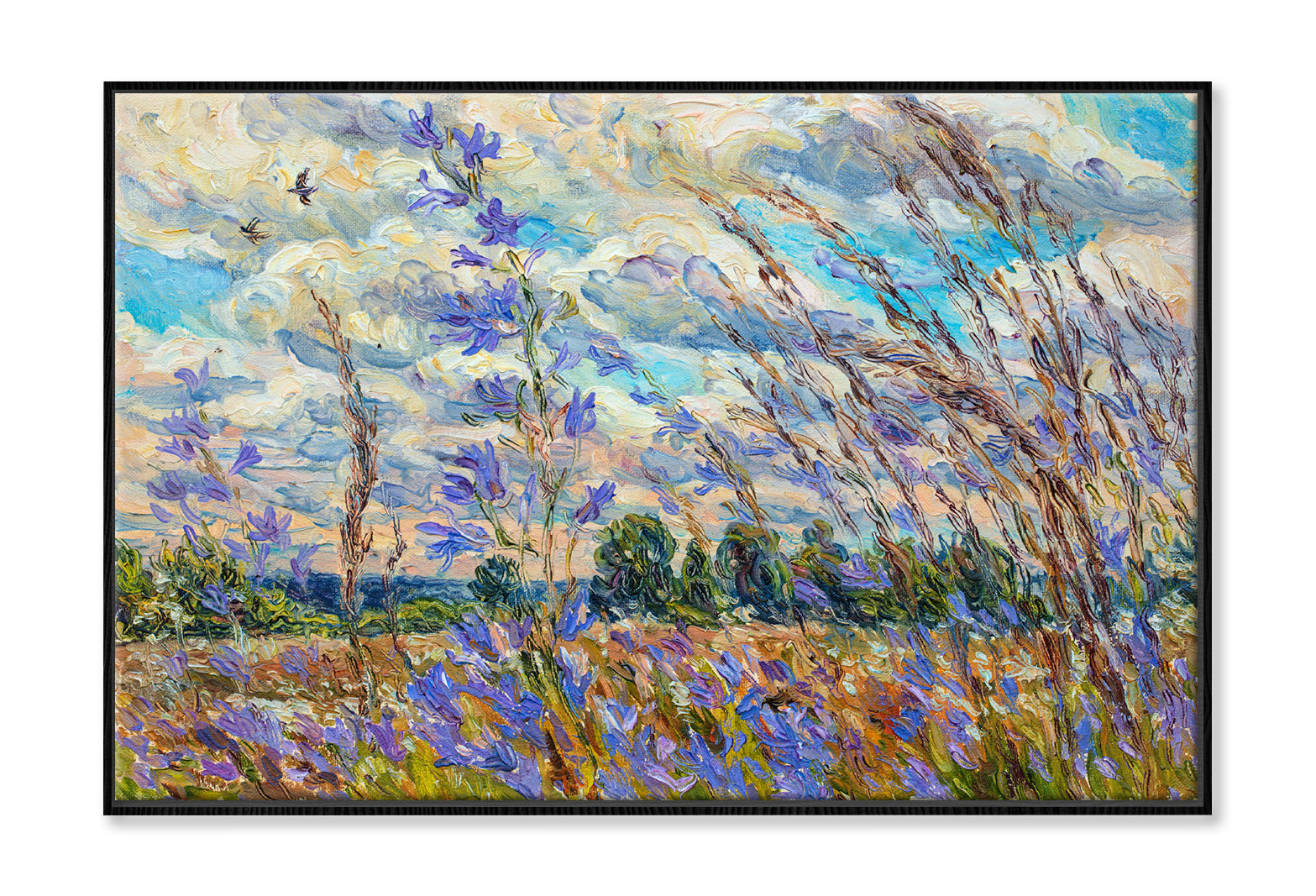 Purple Flower Plants Landscape Oil Painting Wall Art Limited Edition High Quality Print Canvas Box Framed Black