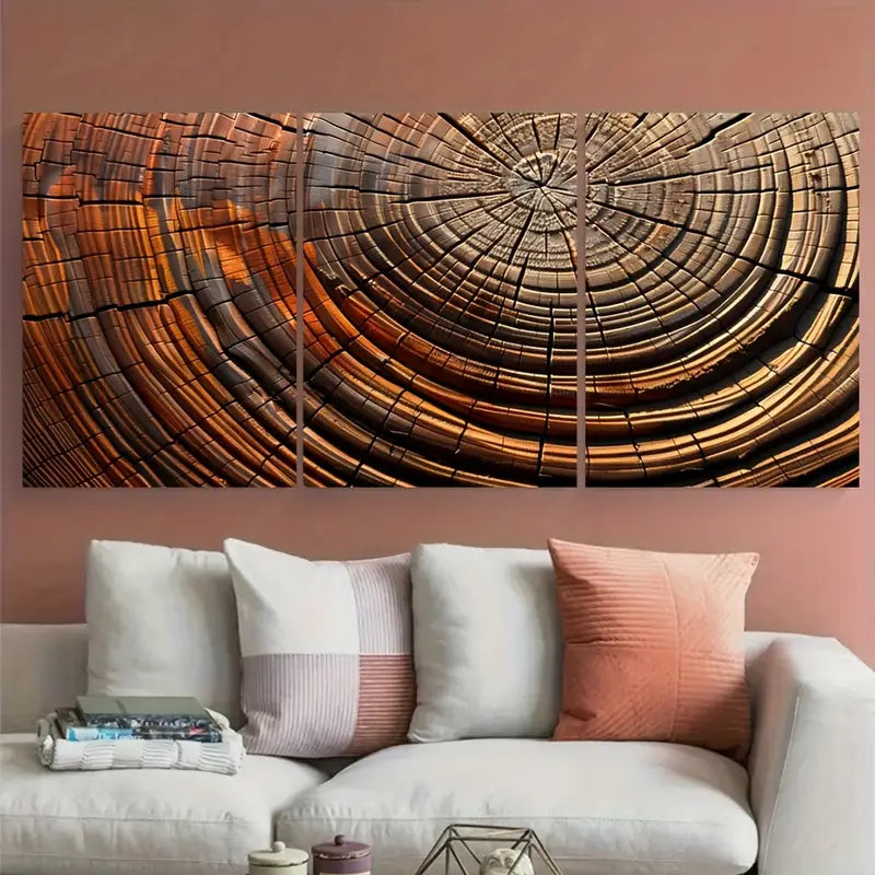 3pcs Dark Brown Red Golden Cut Log Metal Print Ready to Hang Art