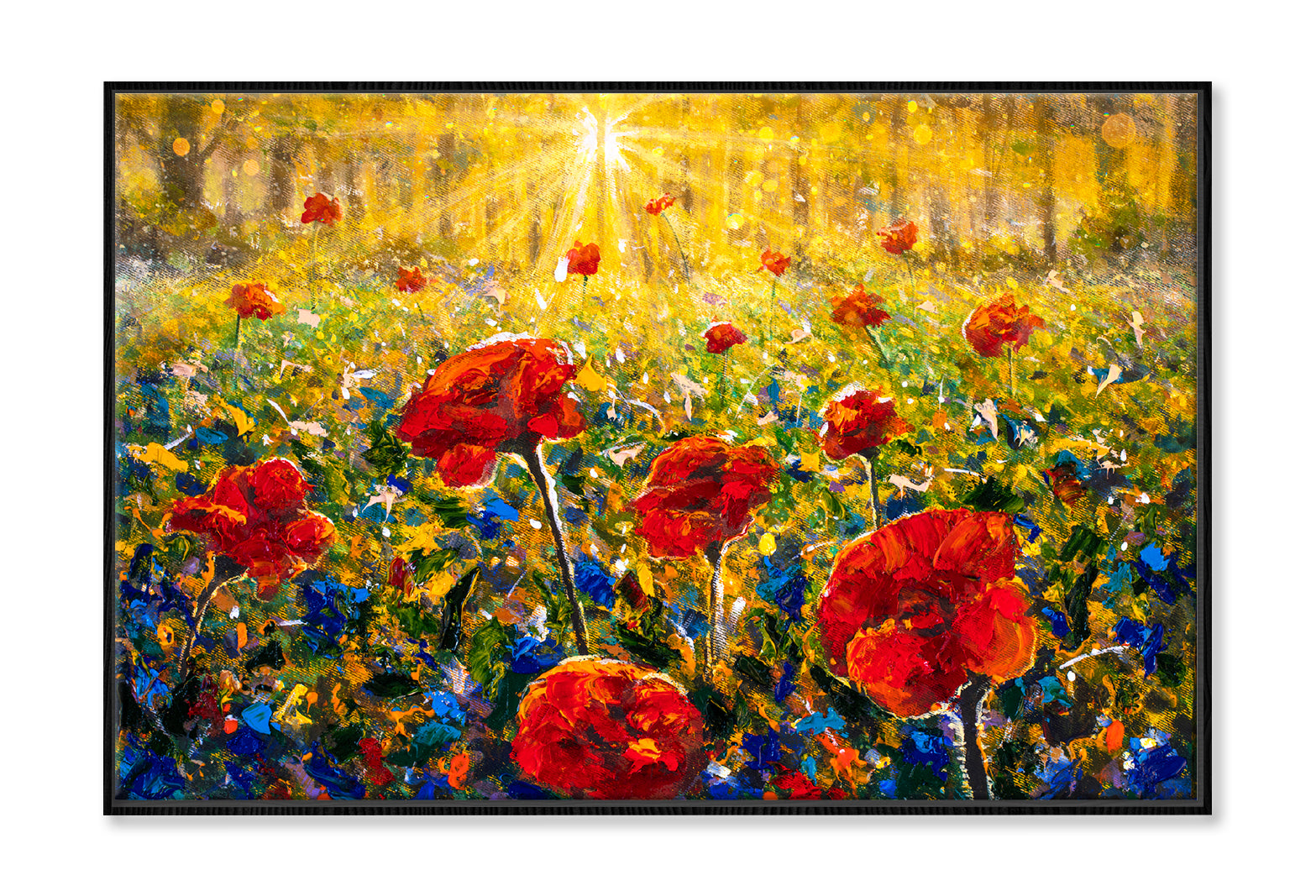 Red Poppies Field, Sun Rays Sunny Flower Field Oil Painting Wall Art Limited Edition High Quality Print Canvas Box Framed Black