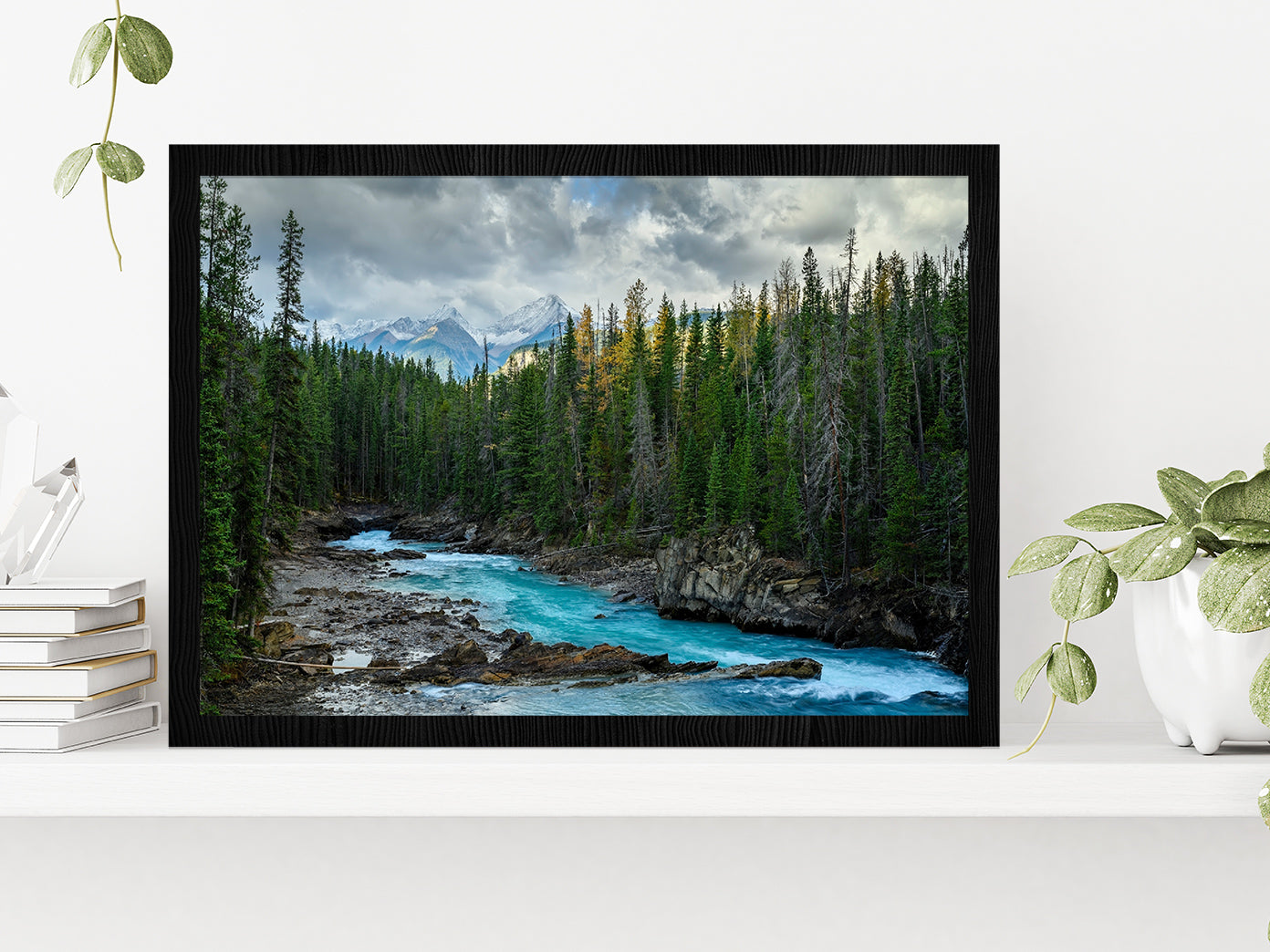 Autumn Forest River & Cloudy Sky Glass Framed Wall Art, Ready to Hang Quality Print Without White Border Black