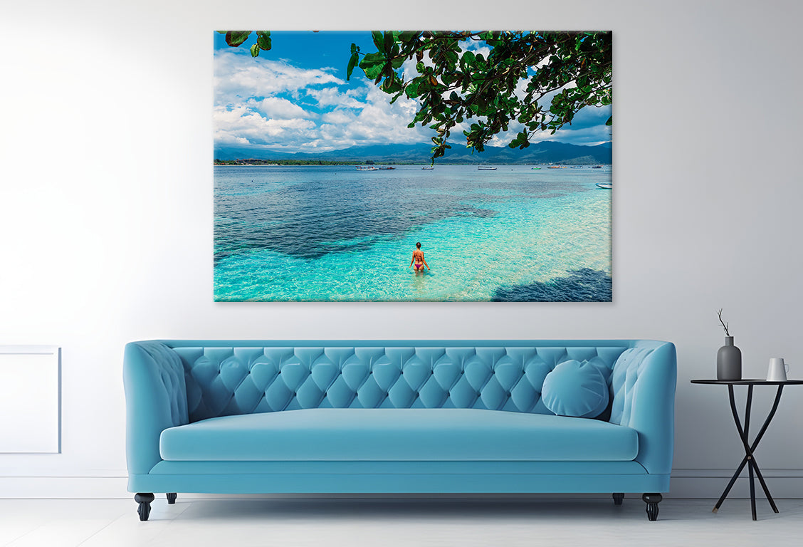 Bikini Woman in Blue Ocean     Wall Art Decor 100% Australian Made