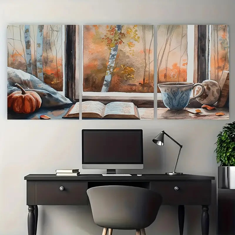 3pcs Warm Drink & Books on Window Metal Print Ready to Hang Art