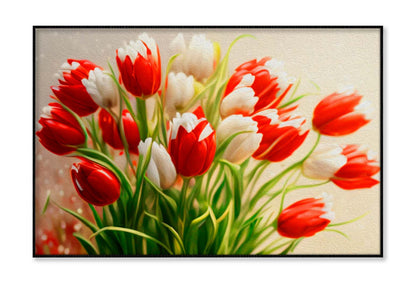 Bouquet of Red, White Tulips. Painted Flowers Wall Art Limited Edition High Quality Print