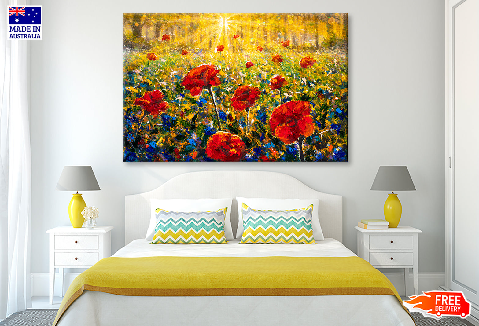 Red Poppies Field, Sun Rays Sunny Flower Field Oil Painting Wall Art Limited Edition High Quality Print