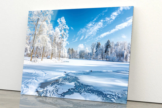 Winter, Frozen Lake and Snow-Covered Trees, Sky Acrylic Glass Print Tempered Glass Wall Art 100% Made in Australia Ready to Hang