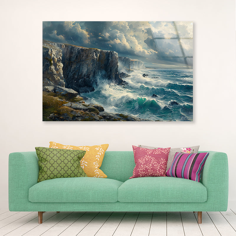 View of Waves Crashing On Rocks Acrylic Glass Print Tempered Glass Wall Art 100% Made in Australia Ready to Hang