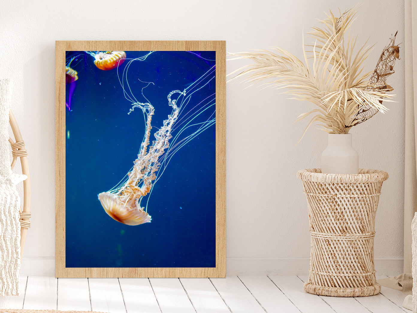 Jellyfish Underwater Closeup View Photograph Glass Framed Wall Art, Ready to Hang Quality Print Without White Border Oak