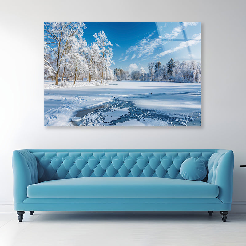 Winter, Frozen Lake and Snow-Covered Trees, Sky Acrylic Glass Print Tempered Glass Wall Art 100% Made in Australia Ready to Hang