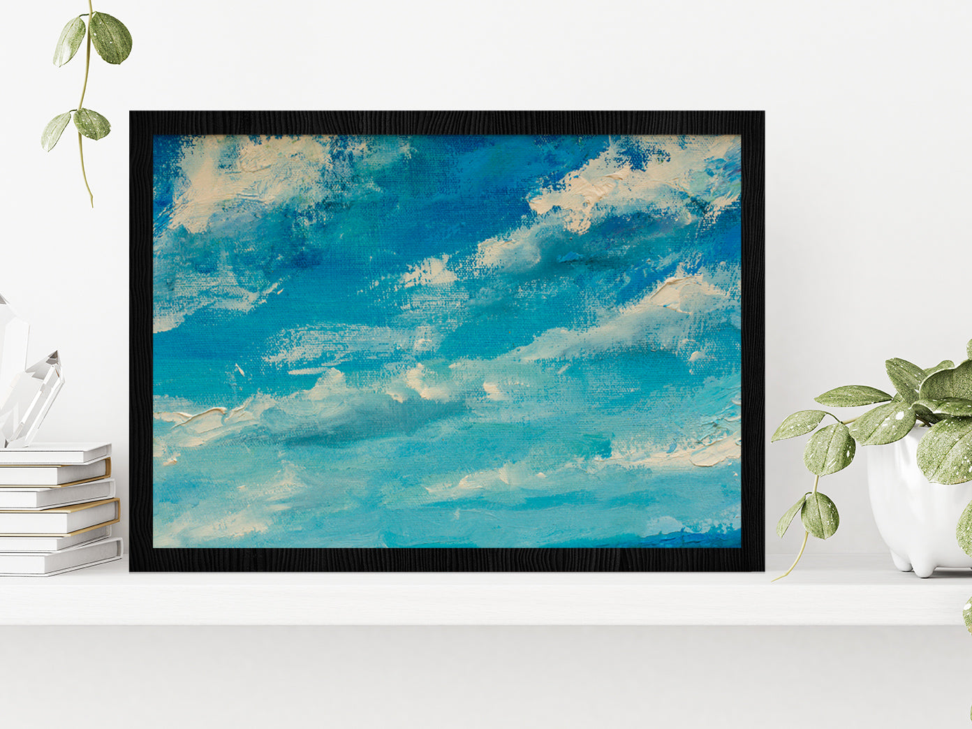 Abstract Clouds Blue Sky Paint Glass Framed Wall Art, Ready to Hang Quality Print Without White Border Black