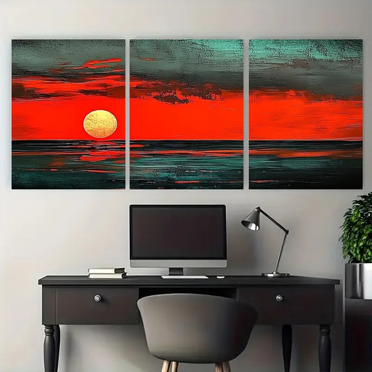 3pcs Red Sunset Sea Bold Ocean Graphic Metal Print Ready to Hang Art
