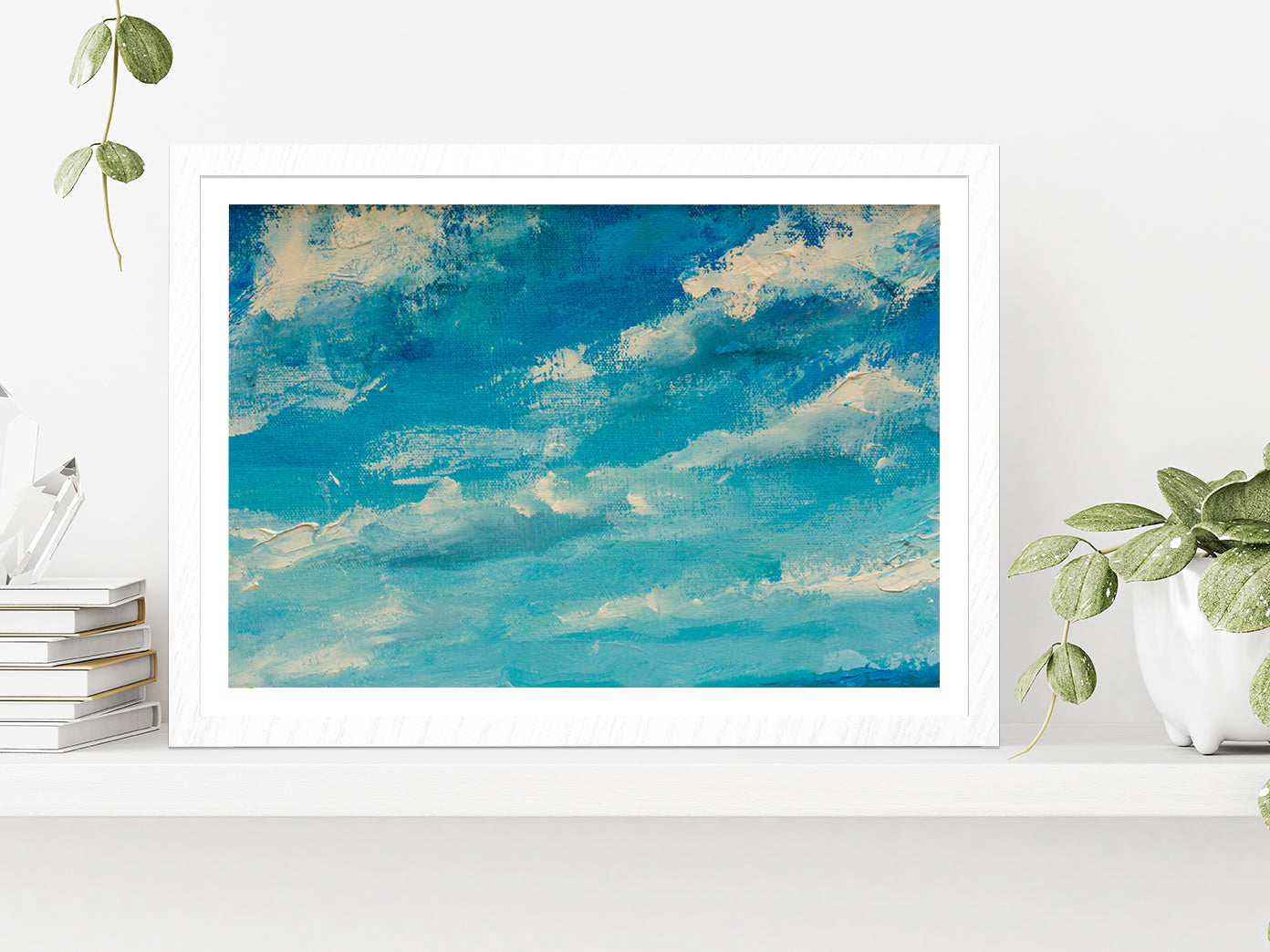 Abstract Clouds Blue Sky Paint Glass Framed Wall Art, Ready to Hang Quality Print With White Border White