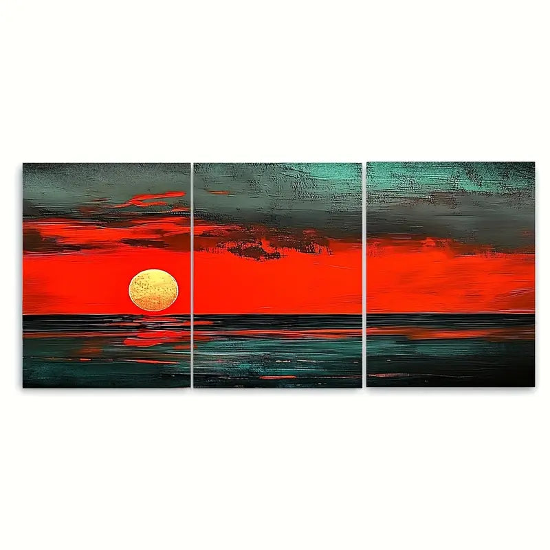 3pcs Red Sunset Sea Bold Ocean Graphic Metal Print Ready to Hang Art