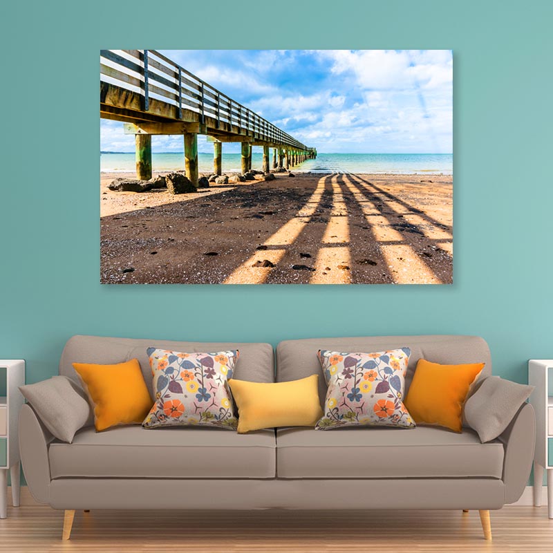 Cornwallis Wharf and Its Leading Innes and Shadow Across Beach to Water Acrylic Glass Print Tempered Glass Wall Art 100% Made in Australia Ready to Hang