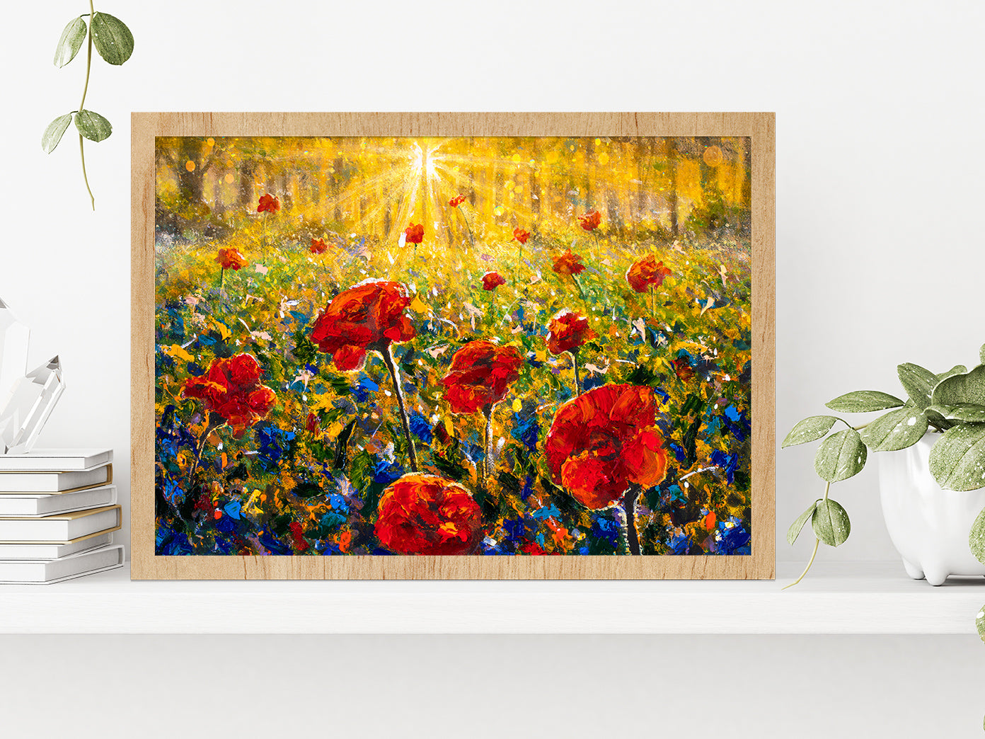 Red Poppies Field, Sun Rays Sunny Flower Field Glass Framed Wall Art, Ready to Hang Quality Print Without White Border Oak