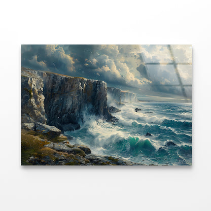 View of Waves Crashing On Rocks Acrylic Glass Print Tempered Glass Wall Art 100% Made in Australia Ready to Hang