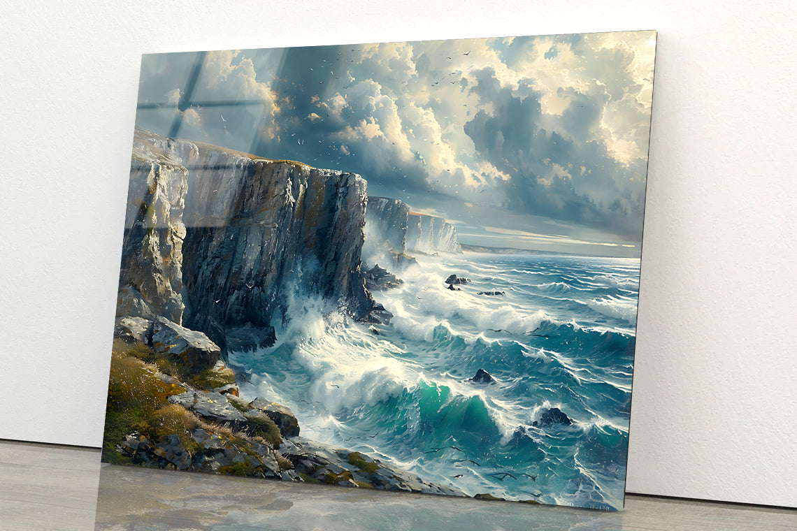 View of Waves Crashing On Rocks Acrylic Glass Print Tempered Glass Wall Art 100% Made in Australia Ready to Hang