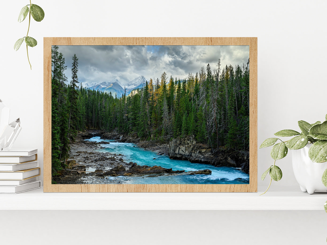 Autumn Forest River & Cloudy Sky Glass Framed Wall Art, Ready to Hang Quality Print Without White Border Oak