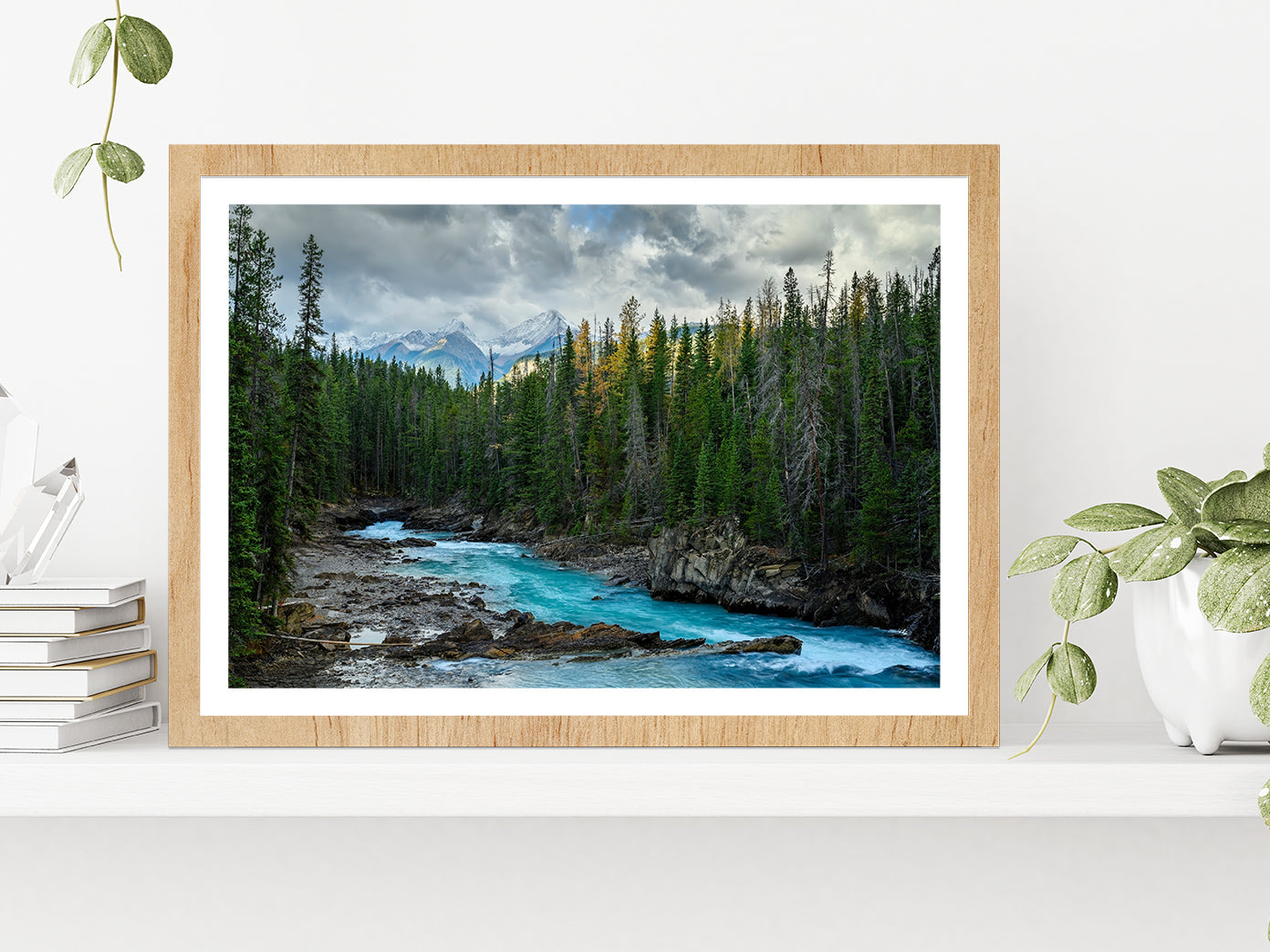 Autumn Forest River & Cloudy Sky Glass Framed Wall Art, Ready to Hang Quality Print With White Border Oak