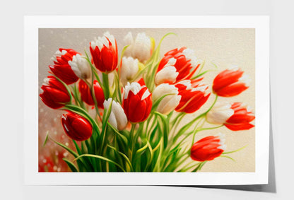 Bouquet of Red, White Tulips. Painted Flowers Wall Art Limited Edition High Quality Print