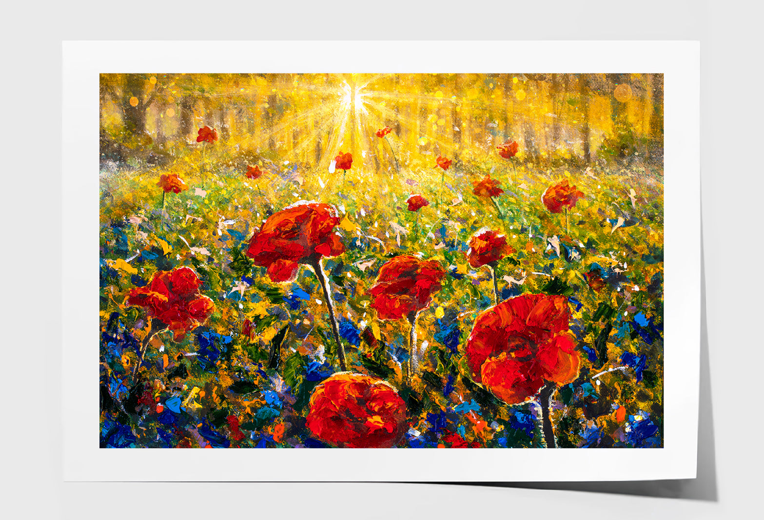 Red Poppies Field, Sun Rays Sunny Flower Field Oil Painting Wall Art Limited Edition High Quality Print Unframed Roll Canvas None