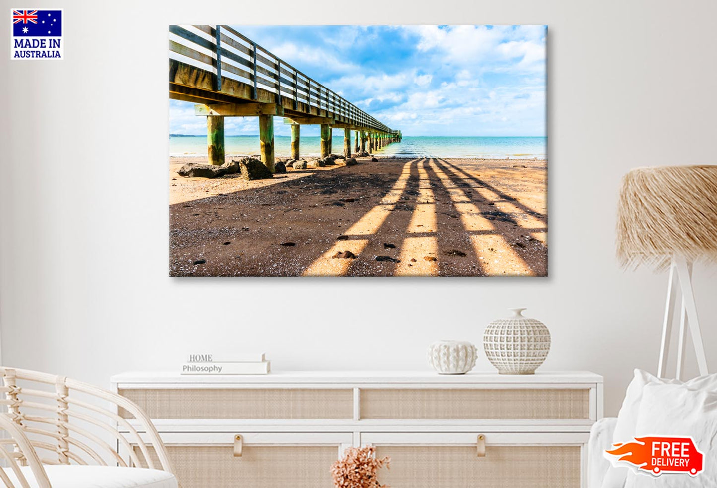 Cornwallis Wharf and Its Leading Innes and Shadow Across Beach to Water Wall Art Decor 100% Australian Made