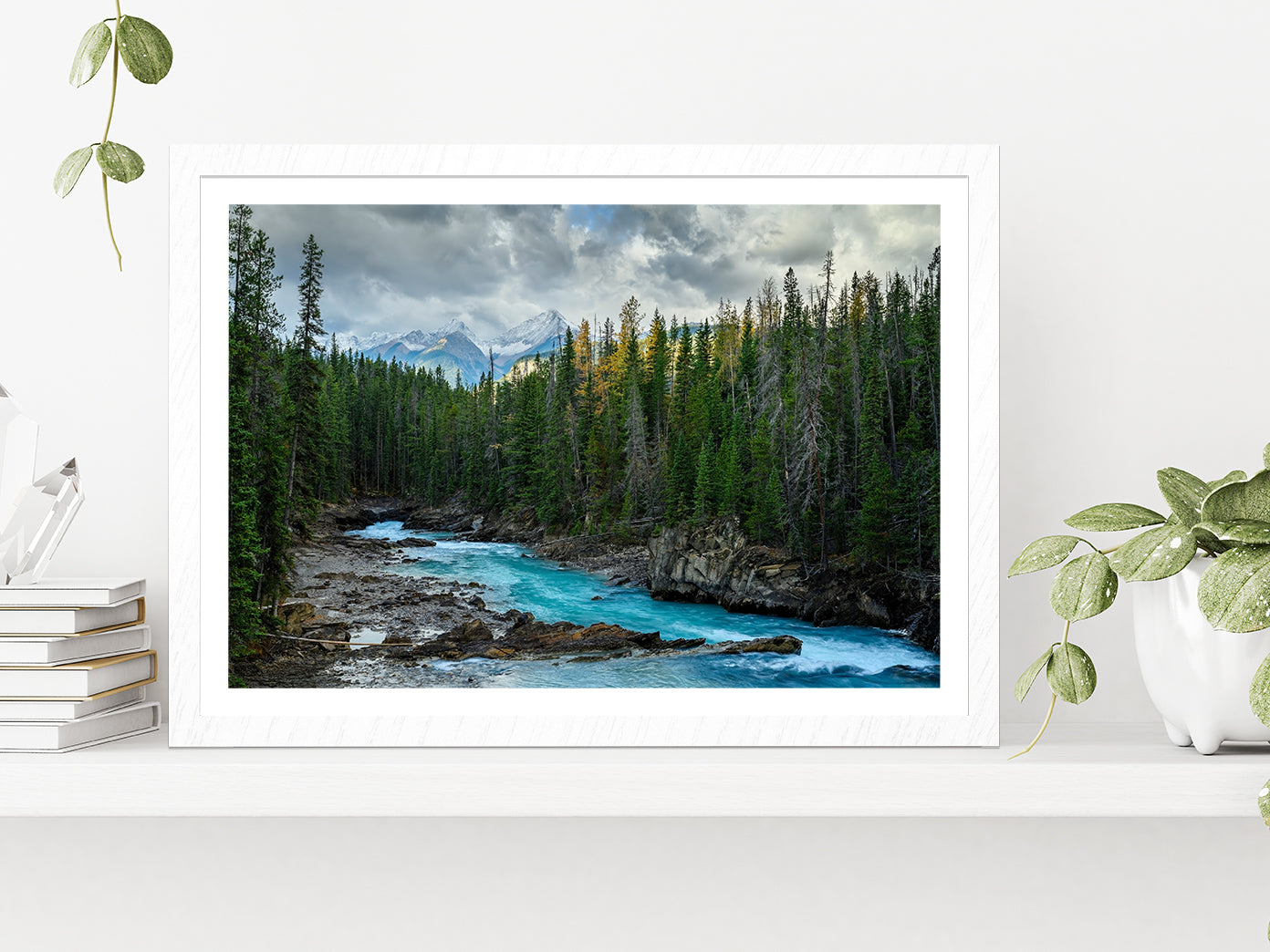 Autumn Forest River & Cloudy Sky Glass Framed Wall Art, Ready to Hang Quality Print With White Border White