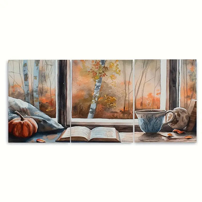 3pcs Warm Drink & Books on Window Metal Print Ready to Hang Art