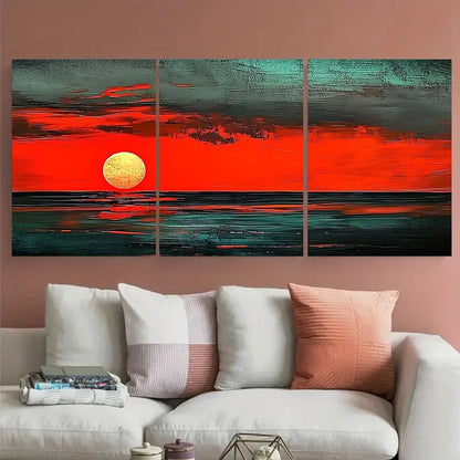 3pcs Red Sunset Sea Bold Ocean Graphic Metal Print Ready to Hang Art