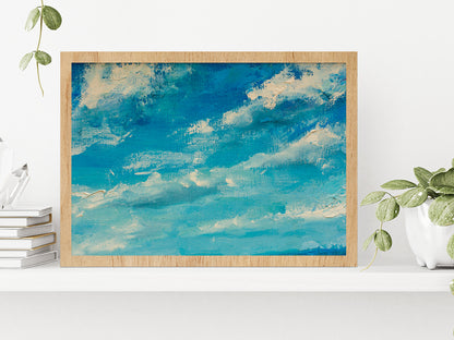 Abstract Clouds Blue Sky Paint Glass Framed Wall Art, Ready to Hang Quality Print Without White Border Oak