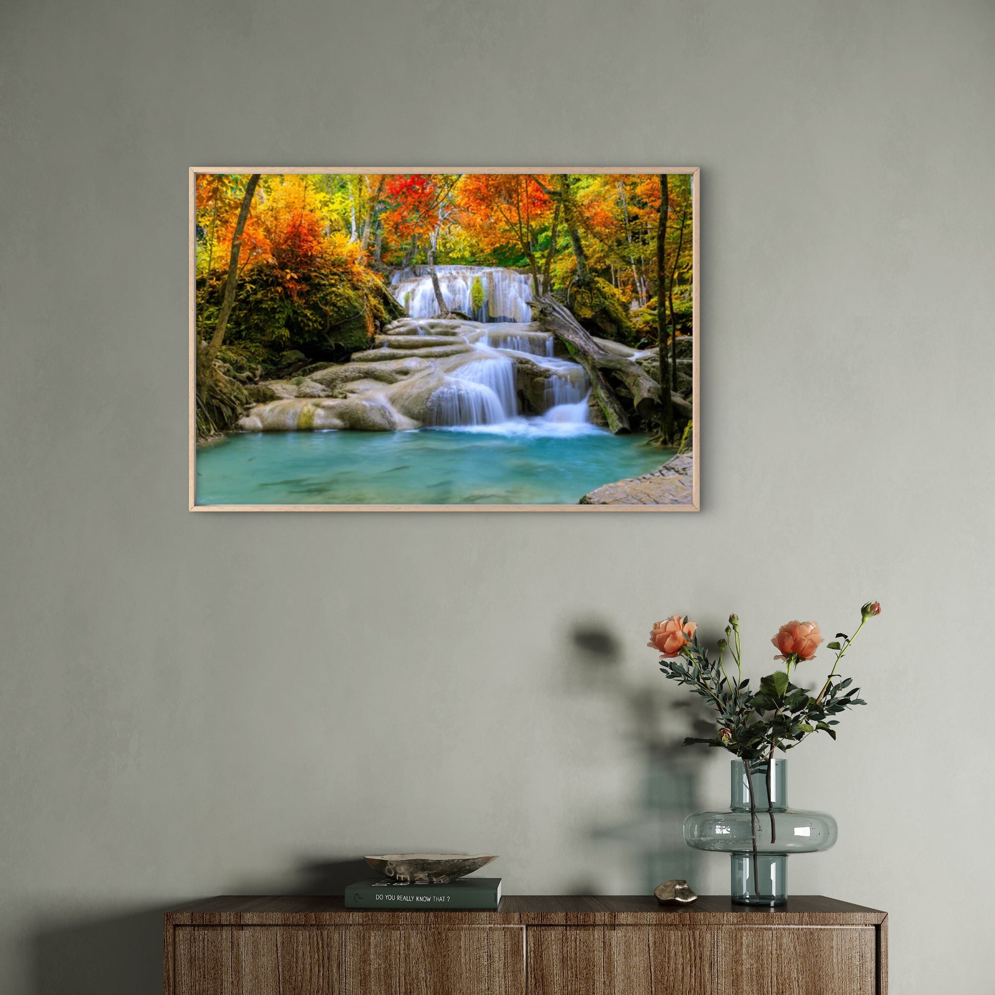 Waterfall In Autumn Forest 90x60cm Print 100% Australian Made - Bella Home Decor