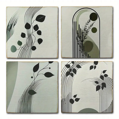 4pcs Green Leaves Art With Black Lines Wall Art Canvas Framed