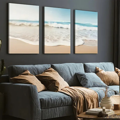 3pcs Modern Wind Beach Ocean Wave Wind Art Wall Art Set Canvas Framed 40x60cm - High Quality Print 100% Australian Made Wall Canvas Ready to Hang
