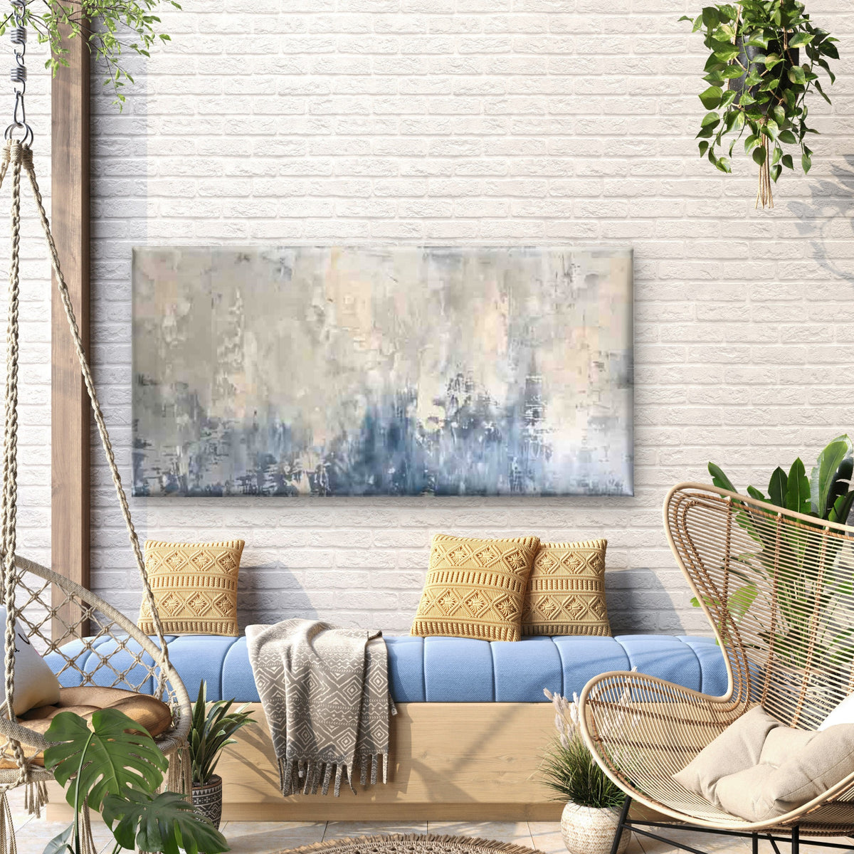 Abstract Blue & Beige Textured Wall Art Canvas Office Home Room Framed 120x60cm