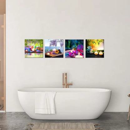 4pcs Bamboo, for Lotus & Candle Design   Wall Art Canvas Framed