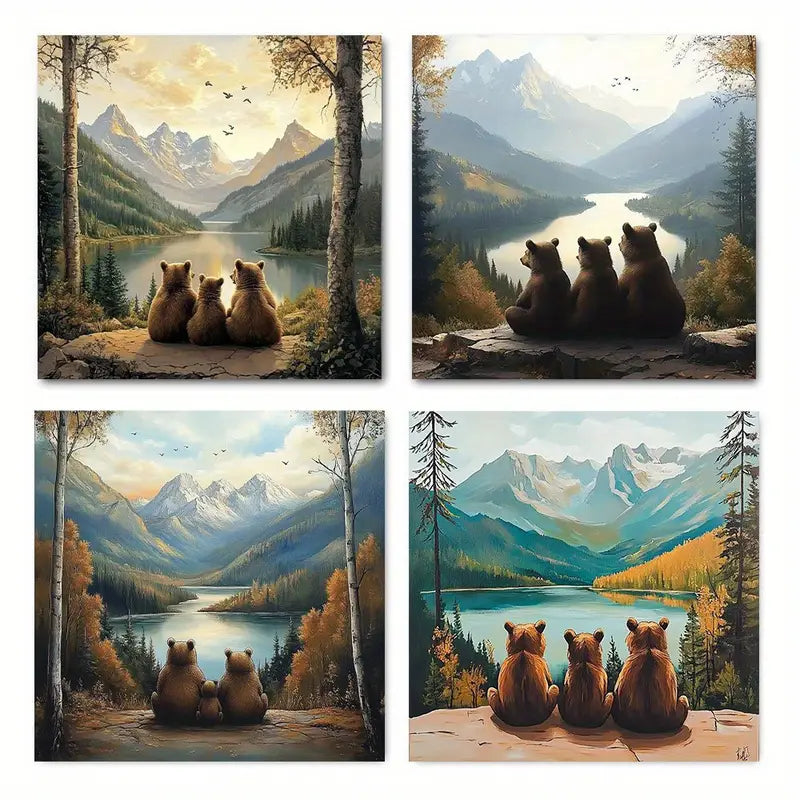 4pcs Bear Family Landscape Modern Elegant     Wall Art Canvas Framed