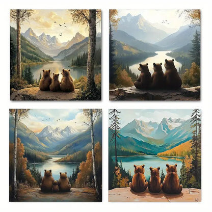 4pcs Bear Family Landscape Modern Elegant     Wall Art Canvas Framed