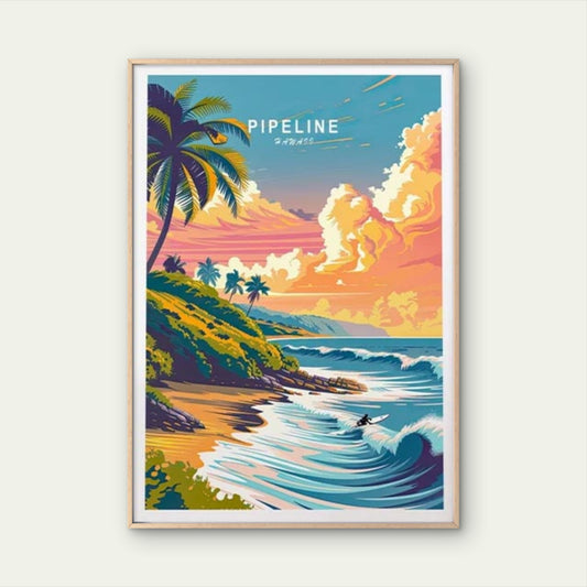 Pipeline Hawaii Beach with Palm Tree Art Travel Poster Print Wall Art