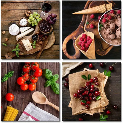 4pcs Grapes, Cheese, Ice Wall Art Canvas Framed