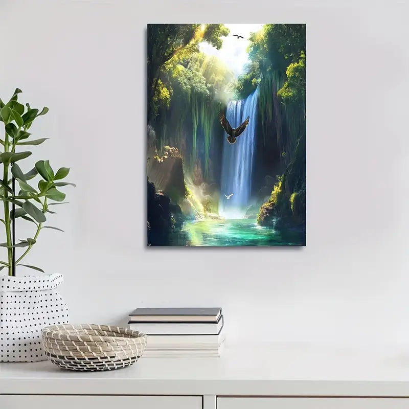 Hawk Swinging from Trees Near Crystal 40x60cm Metal Print Ready to Hang