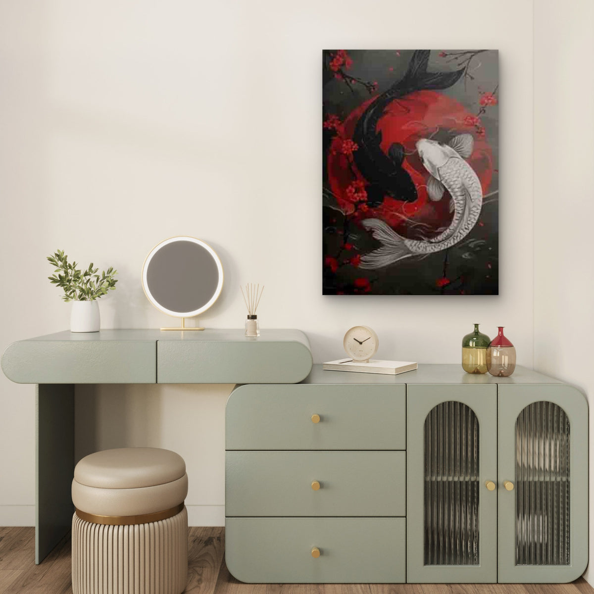 Yin Yang Koi Fish Red Moon Cherry Blossom Metal Print Ready to Hang