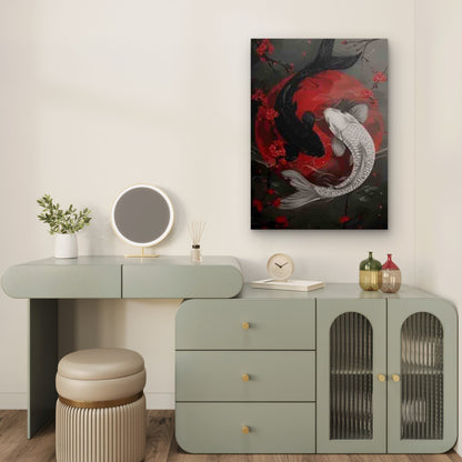 Yin Yang Koi Fish Red Moon Cherry Blossom Metal Print Ready to Hang