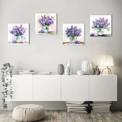 4pcs Purple Flowers Book Wall Art Canvas Framed
