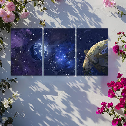 3pcs Earth and Moon in Space Design Wall Art Set Canvas Framed 40x60cm - High Quality Print 100% Australian Made Wall Canvas Ready to Hang